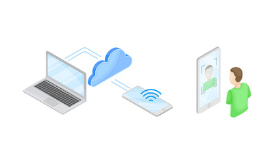 Smartphone Software with Data Storage Cloud App and Photographing Vector Isometric Set