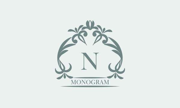 Graceful monogram in gray tones with the inscription and the letter N. Exquisite sign, logo of a restaurant, boutique, hotel, business