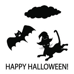 Happy halloween card. Cat in a witch hat, cloud, bat