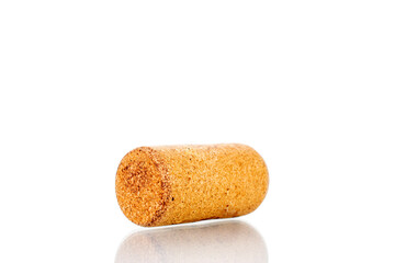 One wine cork, close-up, isolated on white.