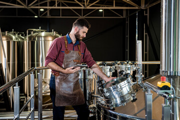 Fototapeta premium Young male brewer in leather apron supervising the process of beer fermentation at modern brewery factory