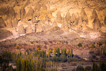Cappadocia at sunset with peaked mountains