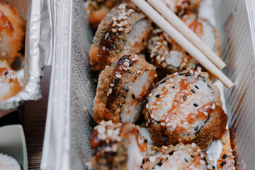 Hot traditional japanese food. Asian sushi close-up.