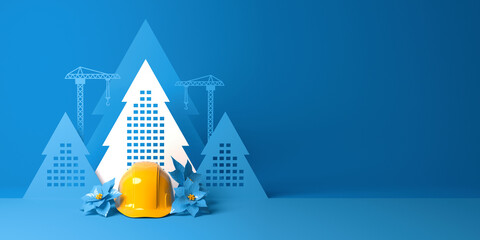 A protective helmet among poinsettia flowers on the background of abstract Christmas tree shaped buildings. 3D render Christmas template for construction, building, engineering or real estate company.