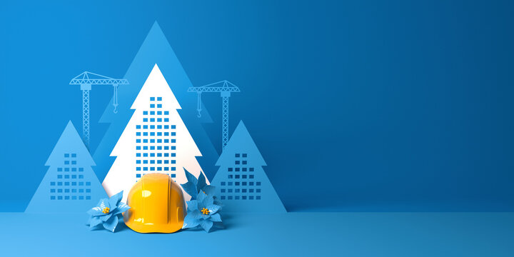 A protective helmet among poinsettia flowers on the background of abstract Christmas tree shaped buildings. 3D render Christmas template for construction, building, engineering or real estate company.