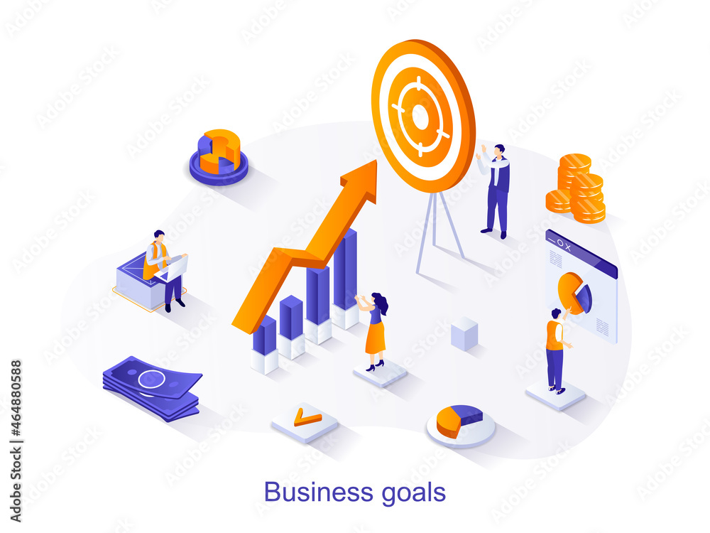 Poster business goals isometric web concept. people work together on project, aim at target, increase compa