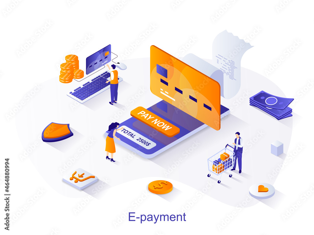 Fototapete e-payment isometric web concept. people pay for invoice with credit card at online mobile banking ap