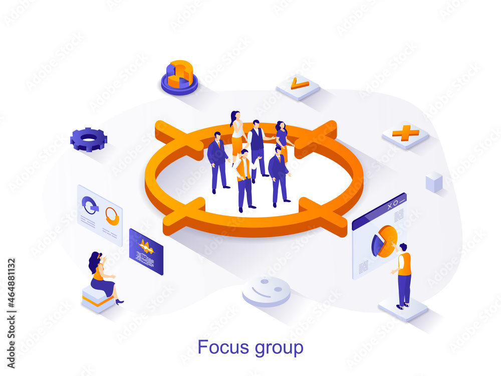 Leinwandbilder focus group isometric web concept. people study audience, aim at group, research data and customer b