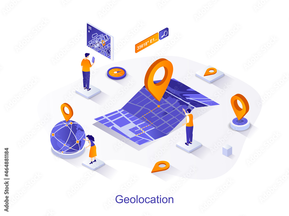 Poster Geolocation isometric web concept. People track route on map with point marker, search by geolocation. GPS navigator with pin location sign scene. Vector illustration for website template in 3d design