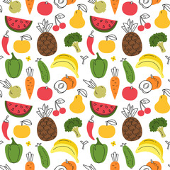 Pattern with fruits and vegetables in minimalistic flat style. Watermelon, pineapple, cucumber, bananas and others on a white background. Vector illustration in cartoon childish style.