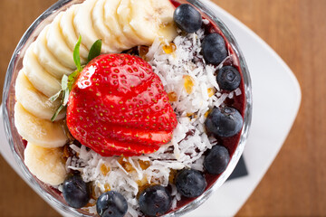 A top down closeup view of an acai bowl.