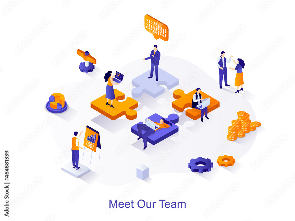 Leinwandbilder meet our team isometric web concept. people working together, successful teamwork, branding and idea