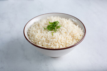 A view of a bowl of basmati rice.