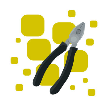 Construction pliers with a black handle, vector graphics, with a yellow background.