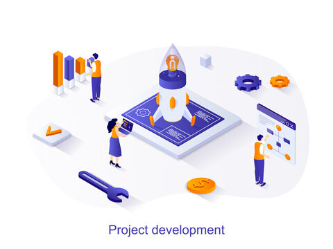 Project development isometric web concept. People launch startup, create and develop new business, successful strategy and analysis of data scene. Vector illustration for website template in 3d design