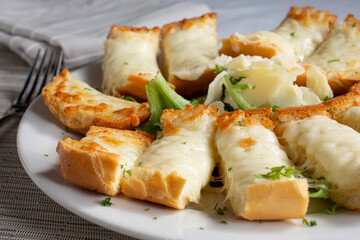 A view of a plate of cheesy garlic bread.