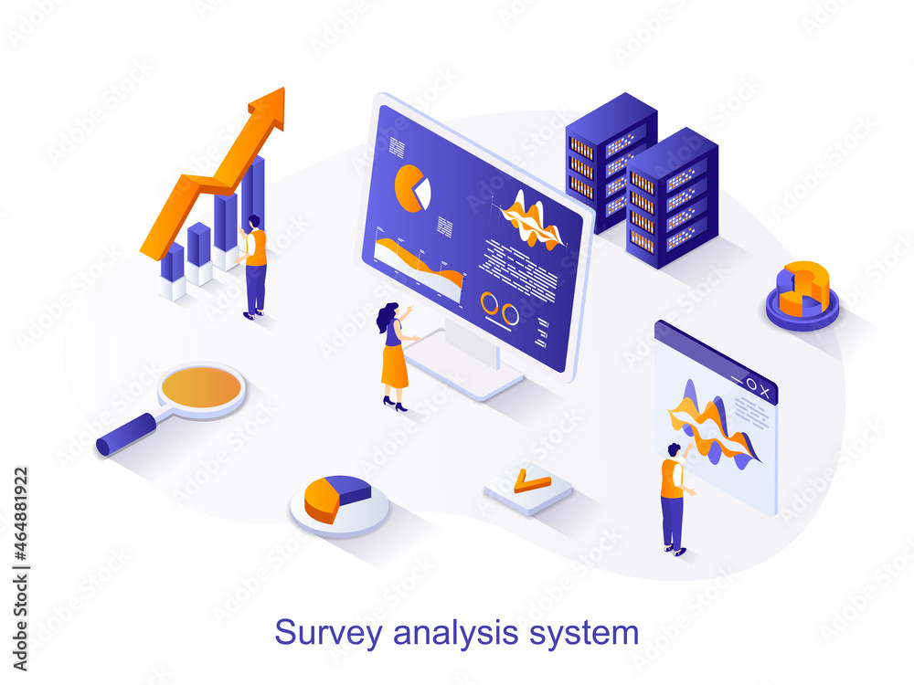 Poster Survey analysis system isometric web concept. People analyze data from customer opinion questionnaires, research data, work with databases scene. Vector illustration for website template in 3d design