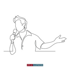 Continuous line drawing of man with microphone. Karaoke. Singer on stage. Public speech. Template for your design. Vector illustration.