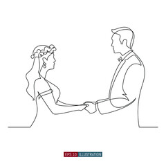 Continuous line drawing of bride and groom at wedding ceremony. Template for your design works. Vector illustration.