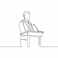 Vector continuous one single line drawing icon of man on a podium giving a speech in silhouette on a white background. Linear stylized.