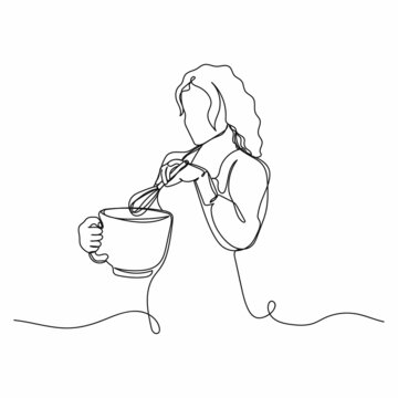 Vector continuous one single line drawing icon of woman in a culinary apron holds a pot and a hand mixer cooking concept in silhouette on a white background. Linear stylized.