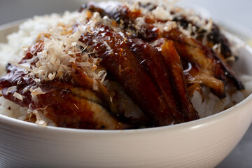 A closeup view of a bowl of rice and cooked eel.