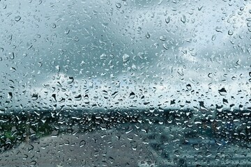 Rain drops on the clear glass. Beautiful raining sky with city background