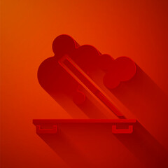 Paper cut Scented spa stick on a wooden stand icon isolated on red background. Incense stick. Cosmetic procedure aromatherapy. Paper art style. Vector