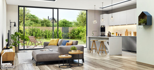 Modern interior. Beautiful living room with modern kitchen - obrazy, fototapety, plakaty