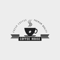 Vector of coffee house logo, restaurant or bar logotype design elements with mugs and beans. Vintage and retro styled quality badges. Isolated on white background
