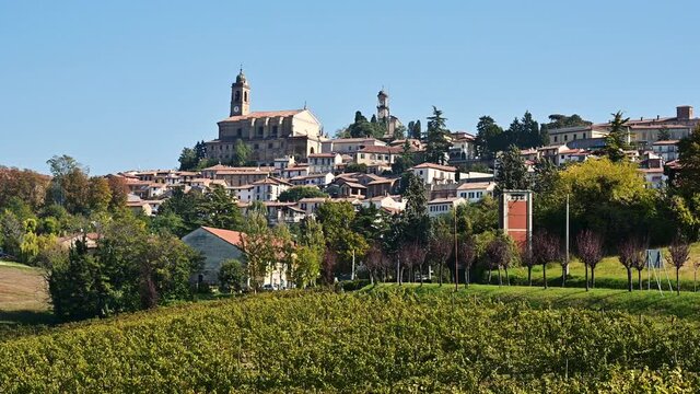 Piedmont, Italy. Amazing landscape of the Monferrato countryside with the village of Vignale on top of a hill.