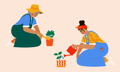 Illustration of mother and daughter taking care of plants © Jerilyn Guerrero