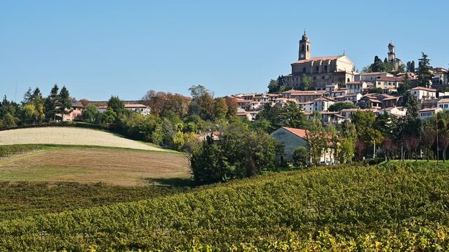 Piedmont, Italy. Amazing landscape of the Monferrato countryside with the village of Vignale on top of a hill.