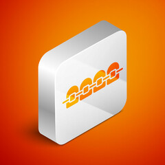 Isometric Teeth with braces icon isolated on orange background. Alignment of bite of teeth, dental row with with braces. Dental concept. Silver square button. Vector