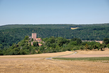 The old castle Gamburg near the river Tauber. With field in the foreground and forest in the background.