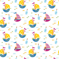 Pattern with a yellow and pink sailboat on a white background in a childish style. Cute baby print for textiles, cards, print design. Marine transport boat. Vector in minimalistic fun style.