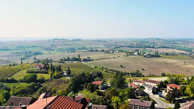Piedmont, Italy. Pan footage of the amazing landscape of the Monferrato countryside visible from the belvedere in the center of the village of Vignale on top of a hill.