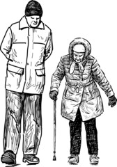 Fototapeta na wymiar Sketch of couple old spouses walking outdoors together