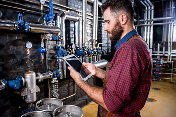 Young male brewer in leather apron supervising the process of beer fermentation at modern brewery factory