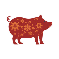 Red pig with ornament and flowers symbol of the Chinese new year