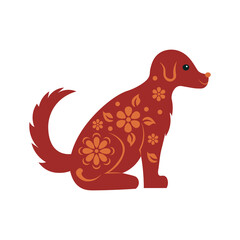 Red dog with ornament and flowers symbol of the Chinese new year