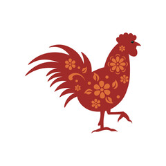 Red cock with ornament and flowers symbol of the Chinese new year