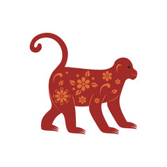 Red monkey with ornament and flowers symbol of the Chinese new year
