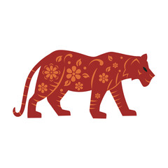 Red tiger with ornament and flowers symbol of the Chinese new year