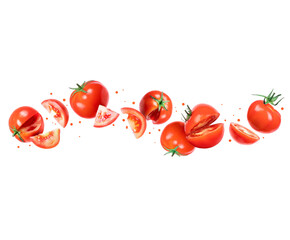Ripe whole and sliced tomatoes in the air isolated on white background