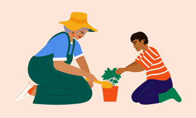 Illustration of grandmother and grandson taking care of plant