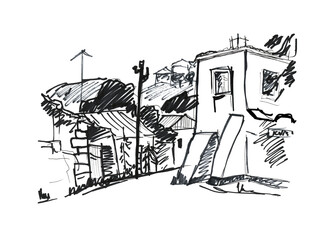 City landscape, low-rise medieval buildings. Line drawing. Marker line isolated on white background