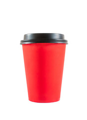 Red paper cardboard disposable cup for coffee. Isolated on white background