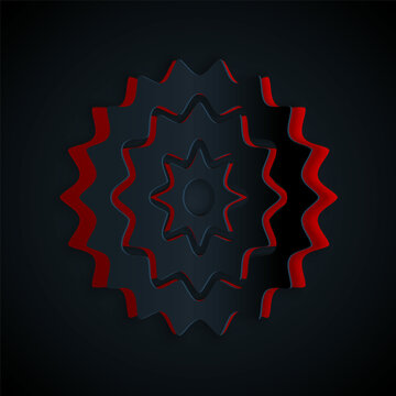 Paper cut Bicycle cassette mountain bike icon isolated on black background. Rear Bicycle Sprocket. Chainring crankset with chain. Paper art style. Vector