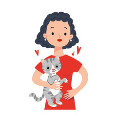 Portrait of a cute cartoon brunette girl holding a gray cat in her arms, around her heart - a symbol of love for a pet. Kitten and woman avatar, isolate on white. Cute character with animal.